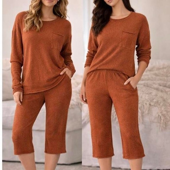Free People Pants - Free People‎ Beach Rust Lounge Set Sz S Knit Sweater Flare Pants Boho Coastal